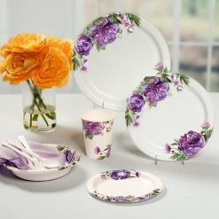 King Zak Premium Paper Peony TablewareSize Options: 10inch Plate, 8.75inch Plate, 7inch Plate, 20oz Bowl, 12oz Cup, And Lunch Napkin Tabletop