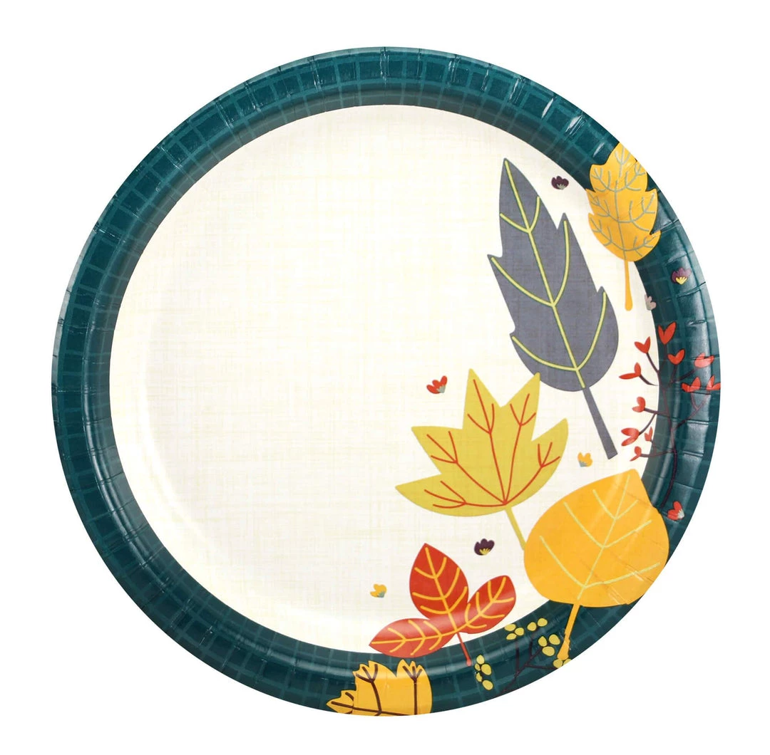 King Zak Tabletop Premium Paper Teal Leaves TablewareSize Options: 10inch Plate, 8.5inch Plate, 6.75inch Plate, And Lunch Napkin