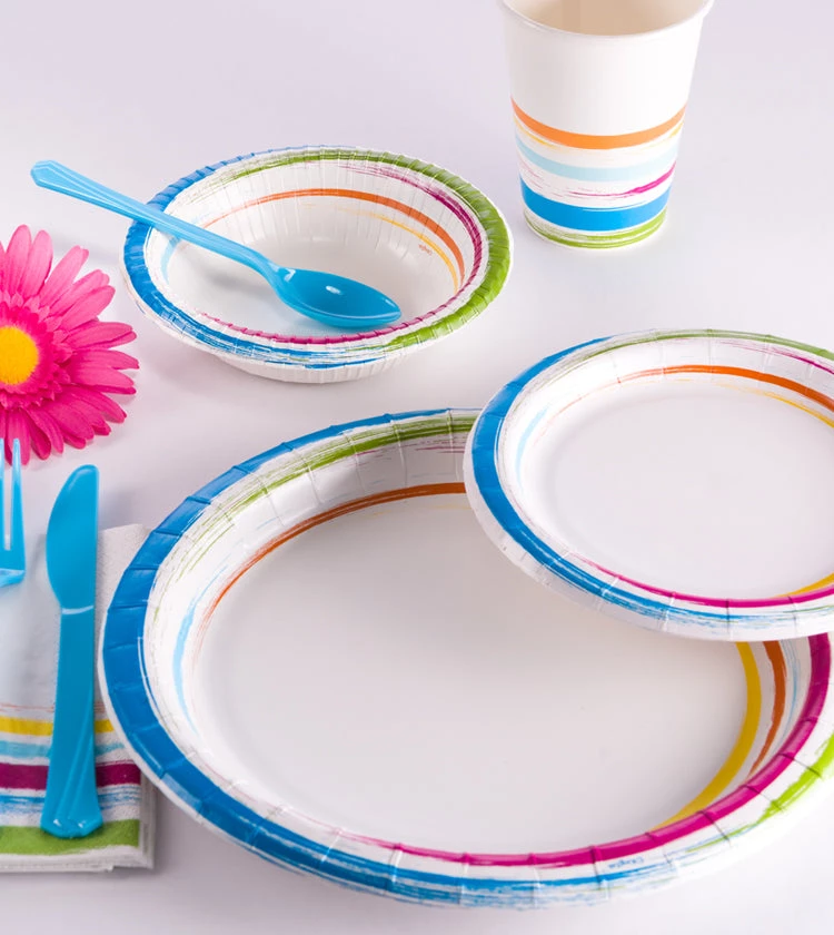 King Zak Tabletop Brushstrokes Tableware<br />Size Options: Size Options: 12inch Plate, 10inch Plate, 8.75inch Plate, 7inch Plate, 20oz Bowl, 12oz Bowl, 12oz Cup., And Lunch Napkin 4 King Zak Tabletop Brushstrokes TablewareSize Options: Size Options: 12inch Plate, 10inch Plate, 8.75inch Plate, 7inch Plate, 20oz Bowl, 12oz Bowl, 12oz Cup., And Lunch Napkin